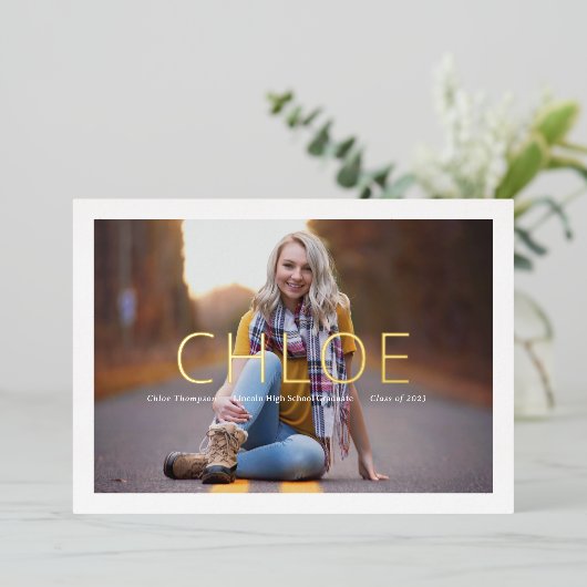 フォイルスタイリッシュミニマルフォト卒業発表 箔招待状 (立ち正面)