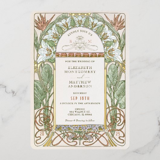 フォイルストレリツィア結婚式招待状新しいミュシャ 箔招待状 (正面)