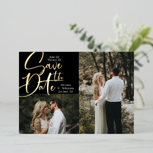 フォイルタイポグラフィ2写真の保存日付 箔招待状 (立ち正面)