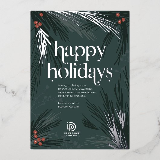 フォイルハッピーホリデイズパインビジネスホリデーカード 箔シーズンカード (正面)