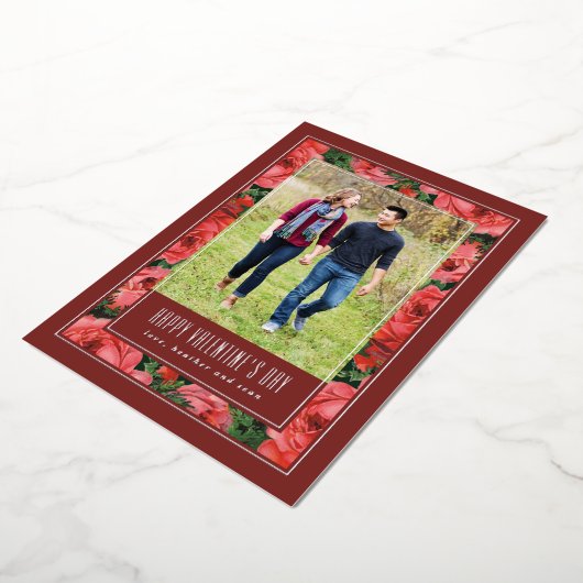 フォイルバラフレームバレンタインデーのフォトカード – マルーン 箔シーズンカード (回転した状態)