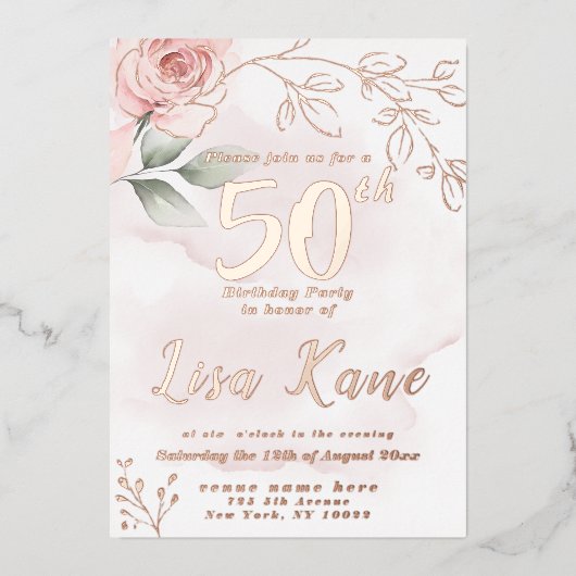 フォイルピンクローズ誕生日招待状フォイル招待状 箔招待状 (正面)