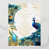 フォイルピーコックフェザーズフローラ結婚式招待状 箔招待状ポストカード (正面)