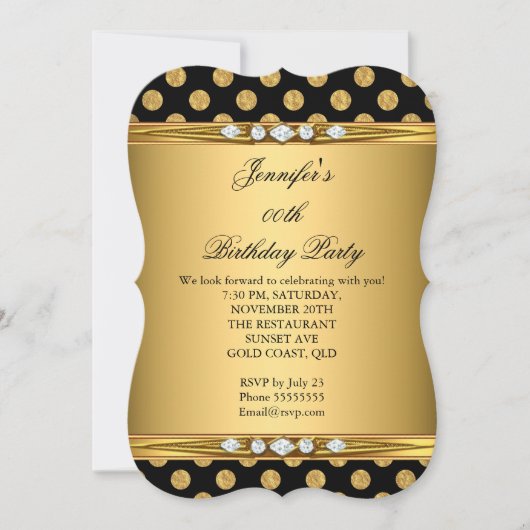 フォイルフェイク金ゴールドブラック水玉模様ダイヤモンド誕生日 招待状 (正面)