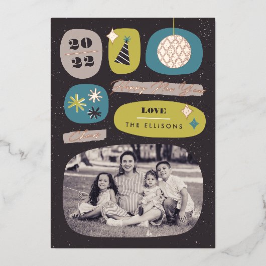 フォイルフェスティバルアイコン新年のホリデーカード – ライム 箔招待状 (正面)