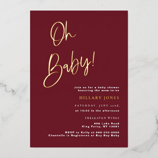 フォイルフェスティバルバーガンディーレッドベビーシャワー招待状 箔招待状 (正面)