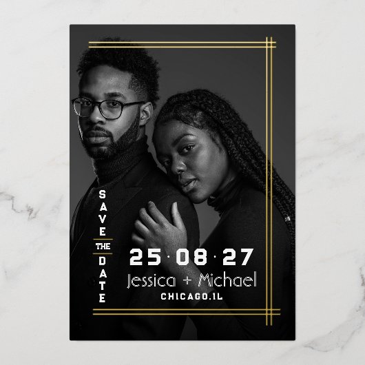 フォイルフレームフォトウェディング日付カードを保存 箔招待状 (正面)