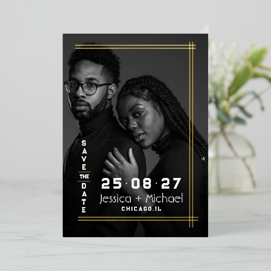 フォイルフレームフォトウェディング日付カードを保存 箔招待状 (立ち正面)