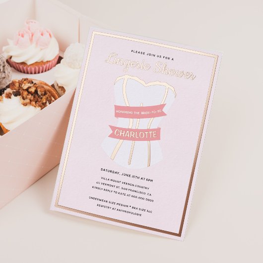 フォイルプレス赤面ピンクリンジェリーブライダルシャワー 箔招待状