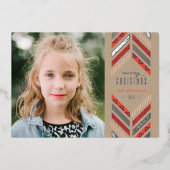 フォイルヘリンボーンバンドホリデーフォトカード – クリムゾン 箔招待状 (正面)