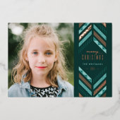 フォイルヘリンボーンバンドホリデーフォトカード – ティール(緑がかった色) 箔招待状 (正面)