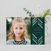 フォイルヘリンボーンバンドホリデーフォトカード – ティール(緑がかった色) 箔招待状 (立ち正面)
