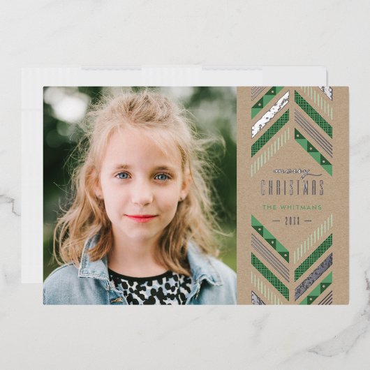 フォイルヘリンボーンバンドホリデーフォトカード – 緑 箔招待状 (封筒)