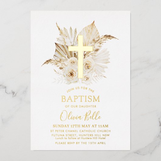 フォイルボホドライパームフローラバプテスマ《キリスト教》洗礼式や命名式 箔招待状 (正面)