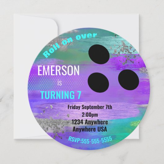 フォイルボーリングボール、ボーリング、グローバースデーグリッター 招待状 (正面)
