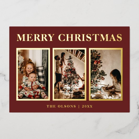 フォイルミニマルクラシックリストのクリスマスレッド3枚の写真 箔シーズンカード (正面)
