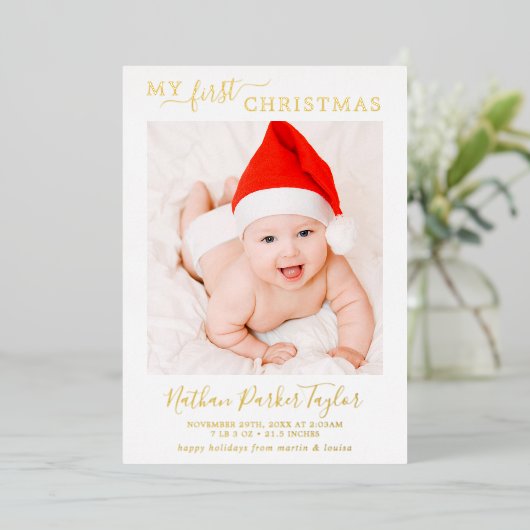 フォイルミニマルマイ初めてのクリスマスベビー誕生写真 箔シーズンカード (立ち正面)
