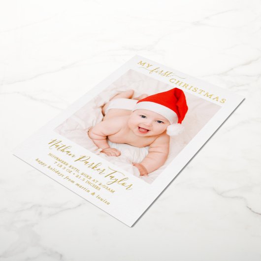フォイルミニマルマイ初めてのクリスマスベビー誕生写真 箔シーズンカード (回転した状態)