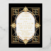 フォイルモダンアールデコブラックと金ゴールド結婚ズ 箔招待状ポストカード (正面)