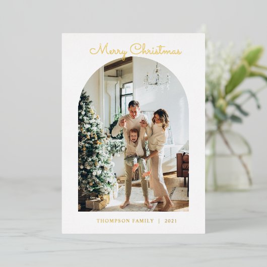 フォイルモダン5フォトメリークリスマスアーチホリデー 箔シーズンカード (立ち正面)