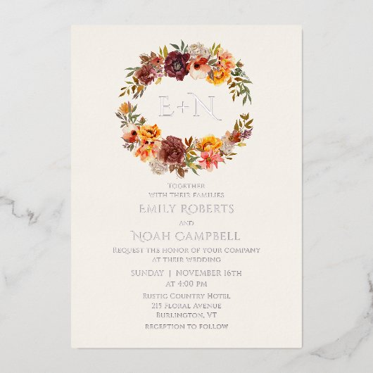 フォイルモノグラム秋素朴梅フローラ結婚ズ 箔招待状 (正面)