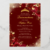 フォイルレッド金ゴールドバタフライフローラキンセアニェラ 箔招待状 (正面)