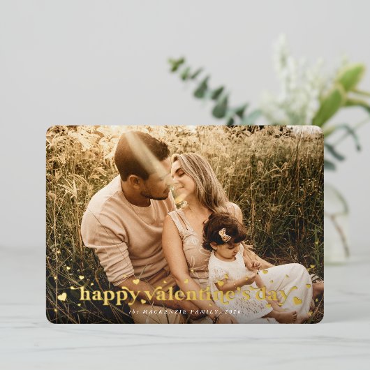 フォイルレトロハートハッピーバレンタインデーフォトカード 箔シーズンカード (立ち正面)