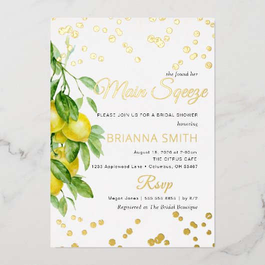 フォイルレモンブライダルシャワー 箔招待状 (正面)