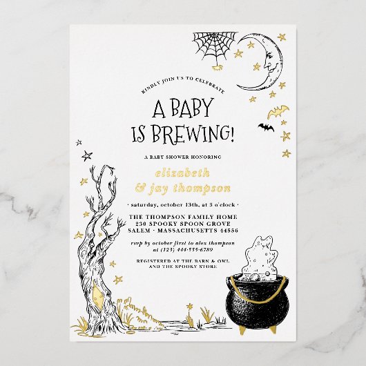 フォイルヴィンテージハロウィーンベビーは赤ちゃんシャワーを醸造している 箔招待状 (正面)