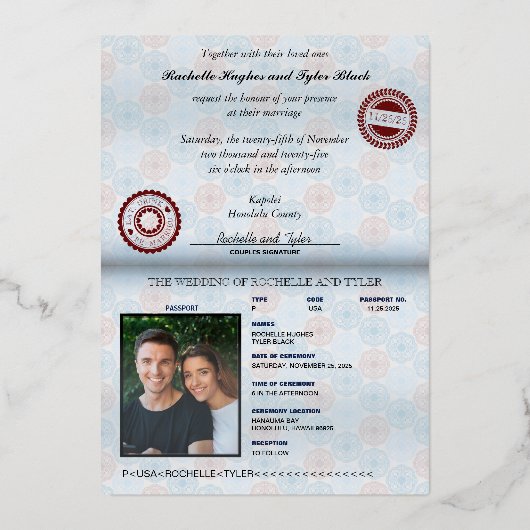 フォイル実在エンブレム付きパスポート結婚式招待状 箔招待状 (裏面)