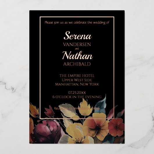 フォイル実在バラ金ゴールドワイルドフラワーエレガントな結婚式 箔招待状 (正面)