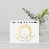 フォイル実在フォトキッズパーティの招待状金ゴールド 箔招待状ポストカード (立ち正面)