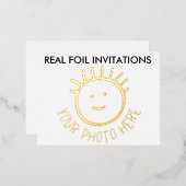 フォイル実在フォトキッズパーティの招待状金ゴールド 箔招待状ポストカード (正面/裏面)