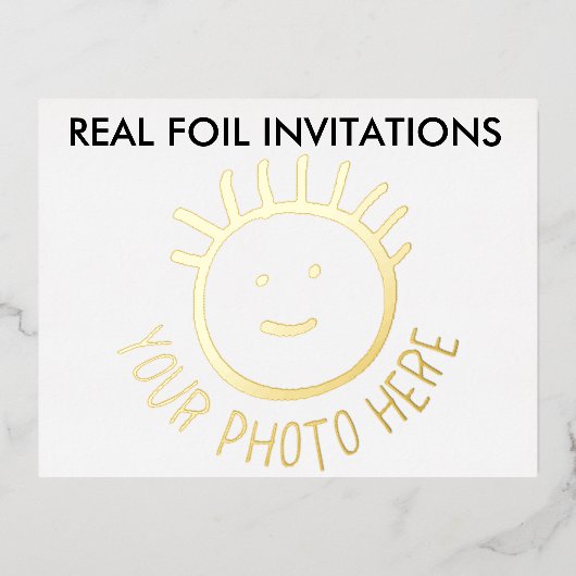 フォイル実在フォトキッズパーティの招待状金ゴールド 箔招待状ポストカード (正面)