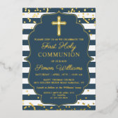 フォイル実在フォト金ゴールドブルーストライプ第1聖餐式 箔招待状 (正面)