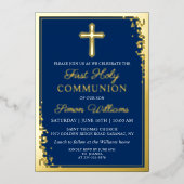 フォイル実在金ゴールドグリッターネイビーブルーファースト聖餐式 箔招待状 (正面)