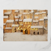 フォイル実在金ゴールドメリークリスマス雪の村 箔シーズンカード (正面)