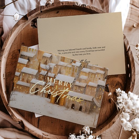 フォイル実在金ゴールドメリークリスマス雪の村 箔シーズンカード