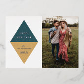 フォイル新年の幾何学的なフォトカード – ティール（緑がかった色）ブルー 箔招待状 (正面)