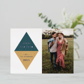 フォイル新年の幾何学的なフォトカード – ティール（緑がかった色）ブルー 箔招待状 (立ち正面)