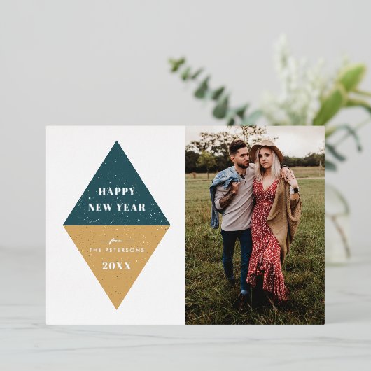 フォイル新年の幾何学的なフォトカード – ティール（緑がかった色）ブルー 箔招待状 (立ち正面)