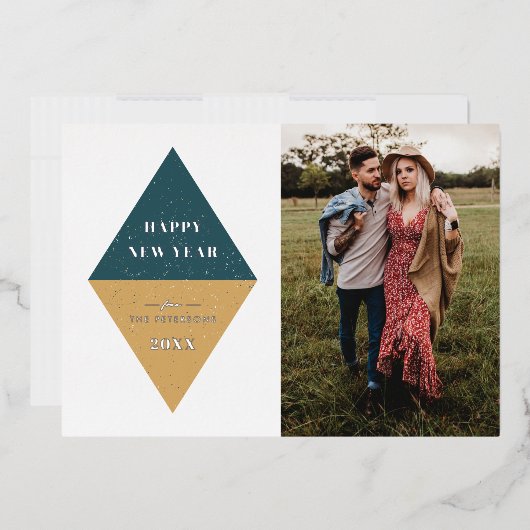 フォイル新年の幾何学的なフォトカード – ティール（緑がかった色）ブルー 箔招待状 (封筒)