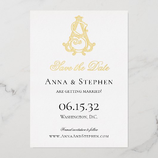 フォイル日付をASモノグラムまたはSAモノグラムとして保存 箔招待状 (正面)