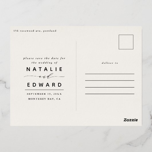 フォイル海軍ブルーのエレガントな結婚式の日付を保存 箔シーズンポストカード (裏面)