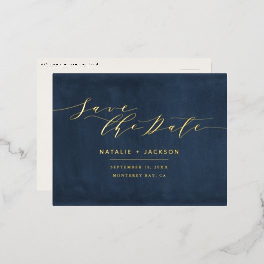 フォイル海軍ブルーのエレガントな結婚式の日付を保存 箔シーズンポストカード (正面/裏面)