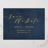フォイル海軍ブルーのエレガントな結婚式の日付を保存 箔シーズンポストカード (正面)