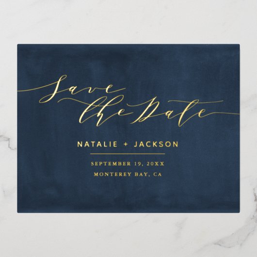 フォイル海軍ブルーのエレガントな結婚式の日付を保存 箔シーズンポストカード (正面)