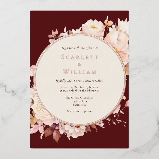 フォイル秋のフローラバーガンディークリームフォト結婚ズ 箔招待状 (正面)