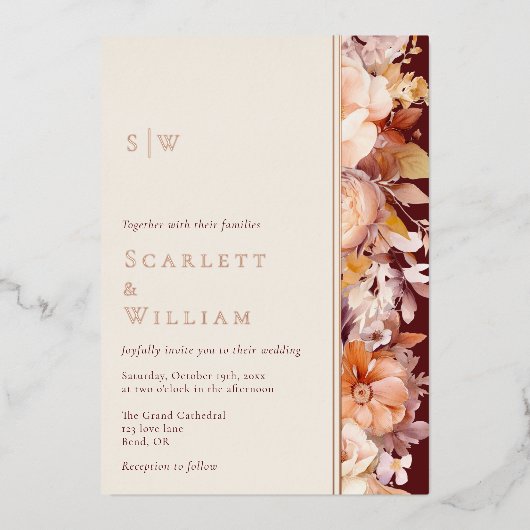 フォイル秋のフローラバーガンディーモノグラム結婚写真 箔招待状 (正面)