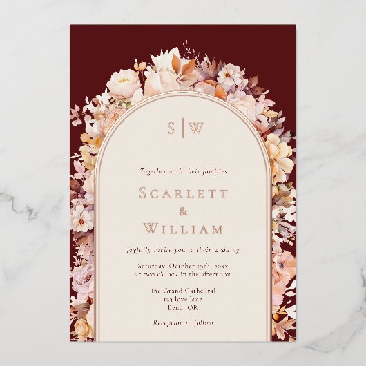 フォイル秋のフローラバーガンディーモノグラム結婚写真 箔招待状 (正面)